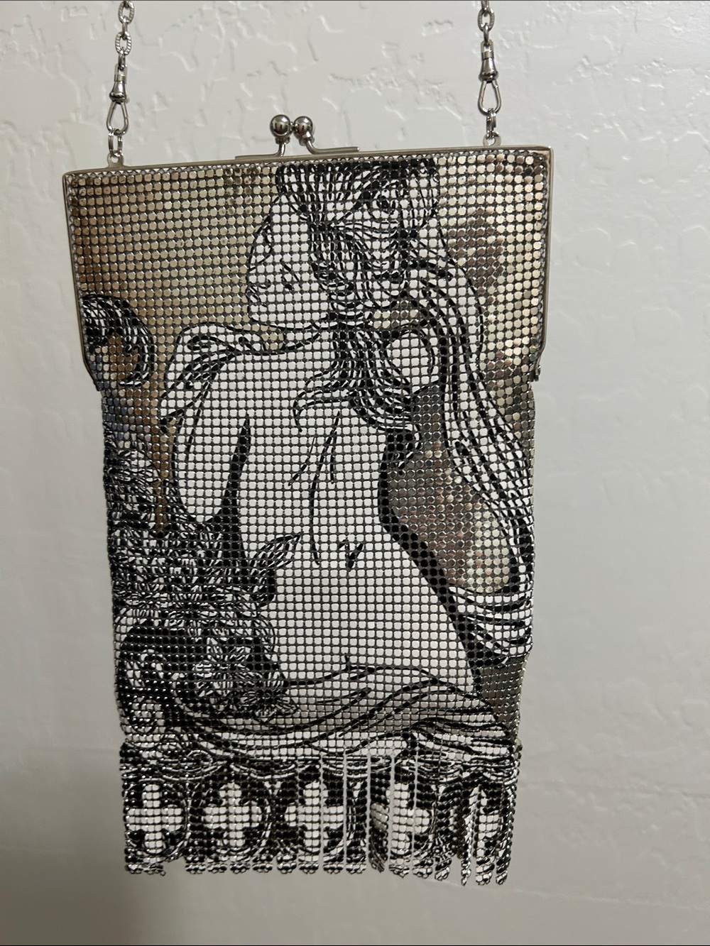 Whiting & Davis Art Deco metal Mesh Evening Bag with Artistic Print